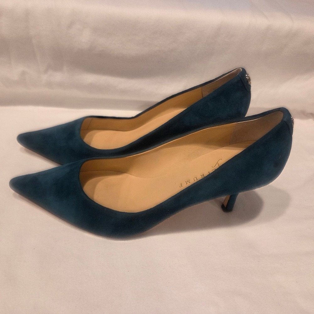 Ivanka Trump Teal Blue Suede Pointed Toe Kitten Heel Pumps Size 7M Leather Sole